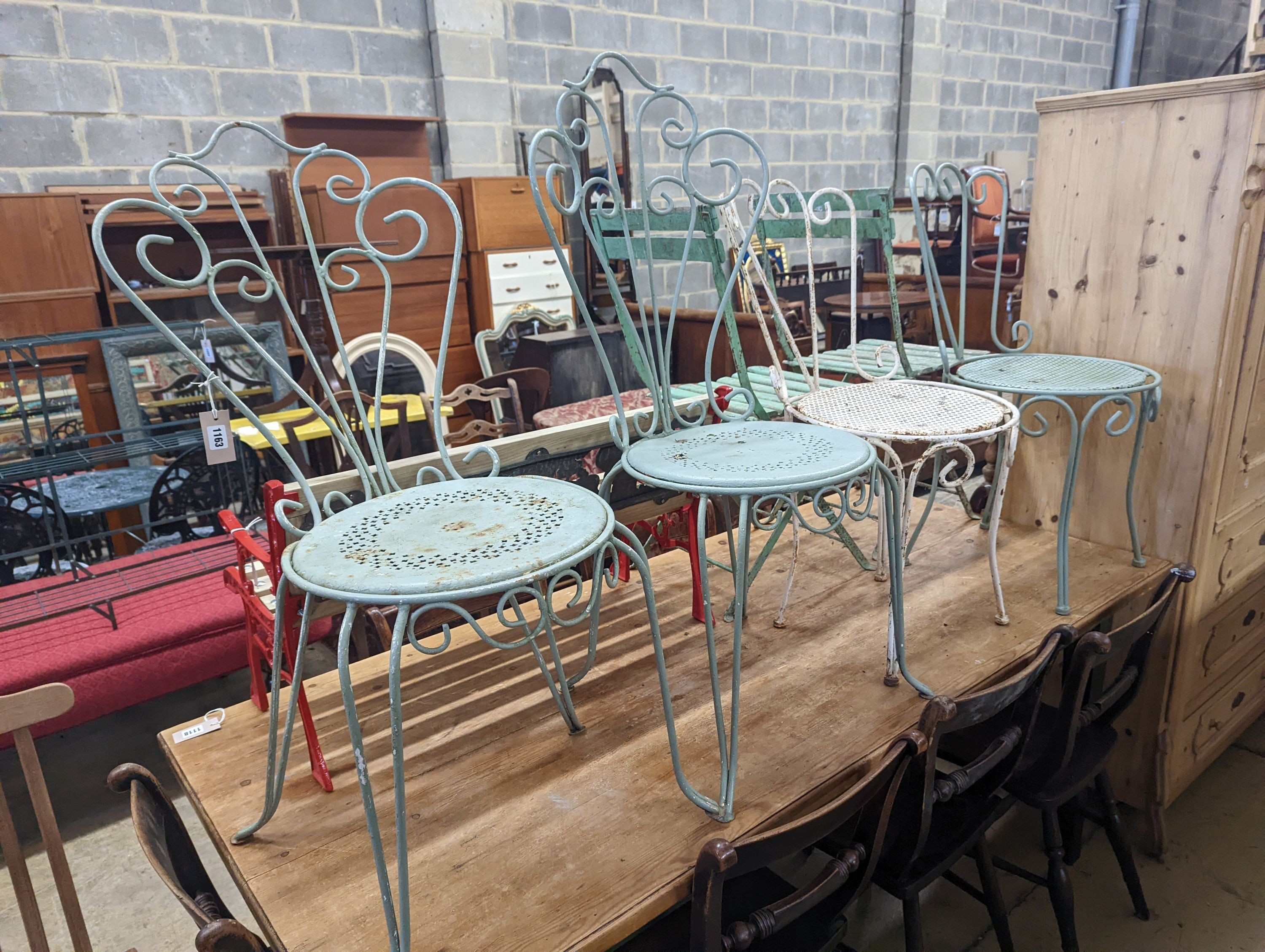 Six painted metal garden chairs